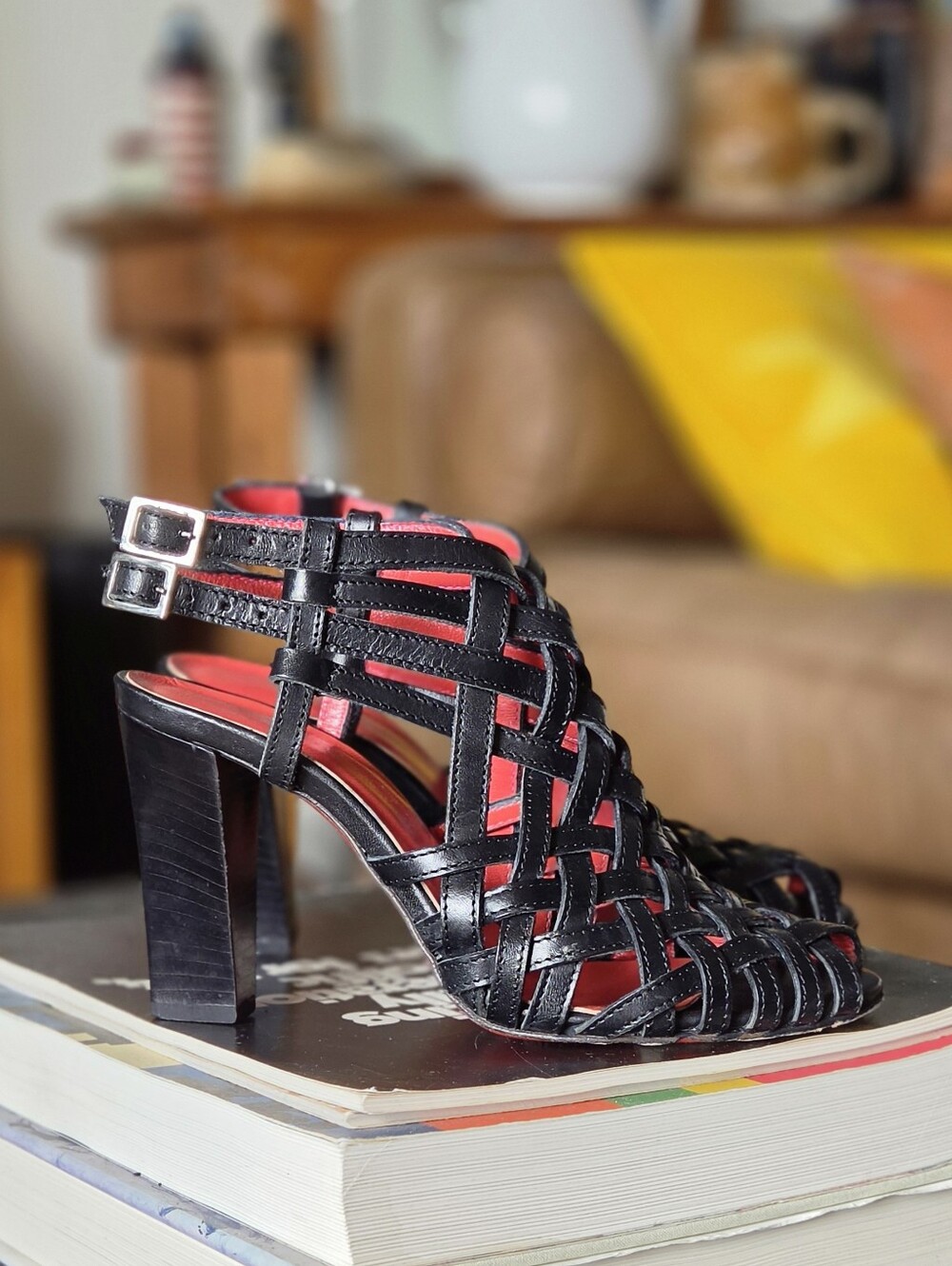 CoSTUME NATIONAL Black Leather Caged Heeled Sandals